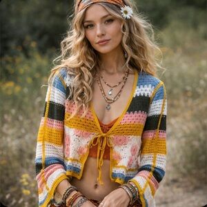 New Pol Colorful Striped Boho 70's  Women' s Crochet Cardigan  Sweater